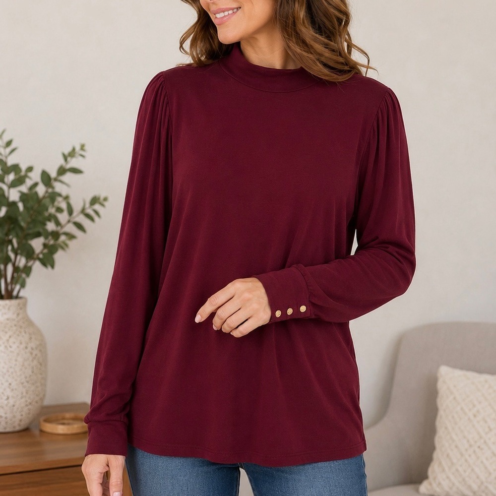 Draper James Burgundy Mock Neck Blouse L Long Sleeve Knit Top Gold Button Cuffs - Picture 1 of 9